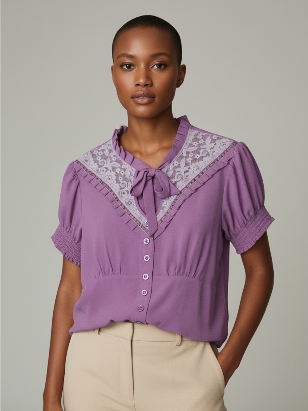Kitten D’amour Lavender Tie-Neck Lace Yoke Blouse 35 of 200 Size 14